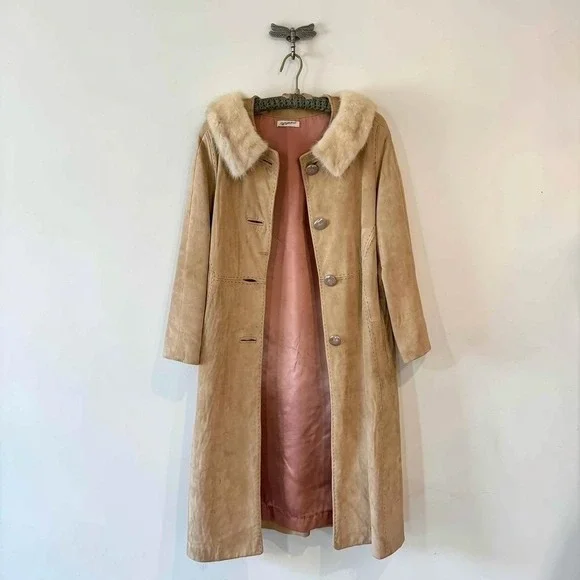 Vintage Saks Fifth Avenue Suede Blonde Mink Collared Mod 1960s Coat Medium - Picture 2 of 12